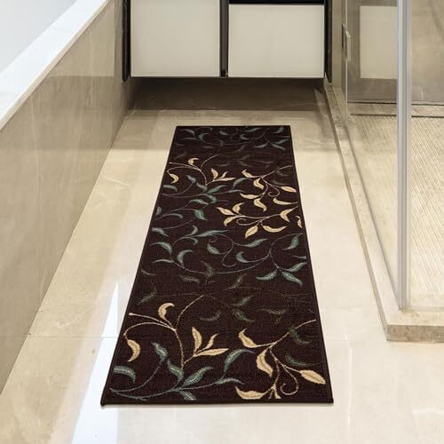 Machine Washable Leaves Design Non-Slip Rubberback 3x10 Traditional Runner Rug - Picture 3 of 12