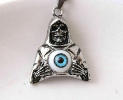 mens LARGE SKELETON GRIM REAPER EVIL EYE pendant 24'' 925 Silver plated Necklace 