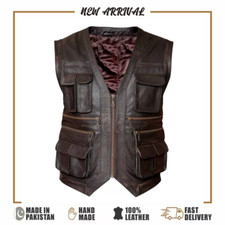 Men's Distressed Brown Real Leather Biker Vest Motorcycle Style Waistcoat