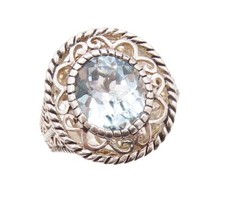 925 Sterling Silver Vintage Ring Swirly Floral Cutout Blue Topaz Sz 7 RG30927