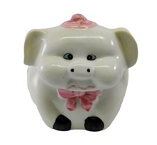 Ceramic Pig Piggy Bank Crossed Eyed Pink Bow Flowers