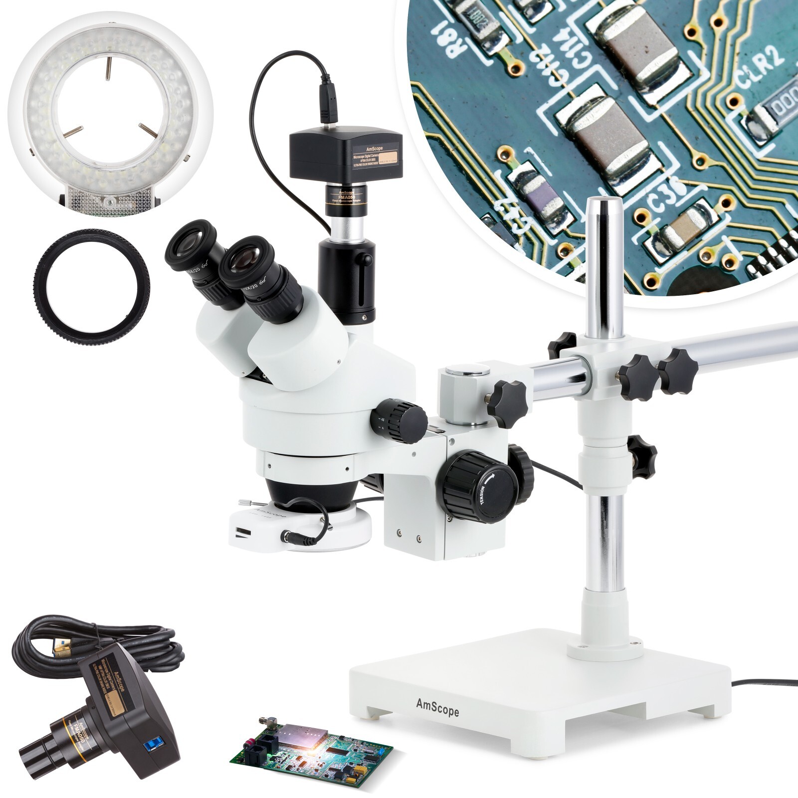 AmScope 3.5X-90X Trinocular LED Boom Stand Stereo Microscope + 5MP Camera