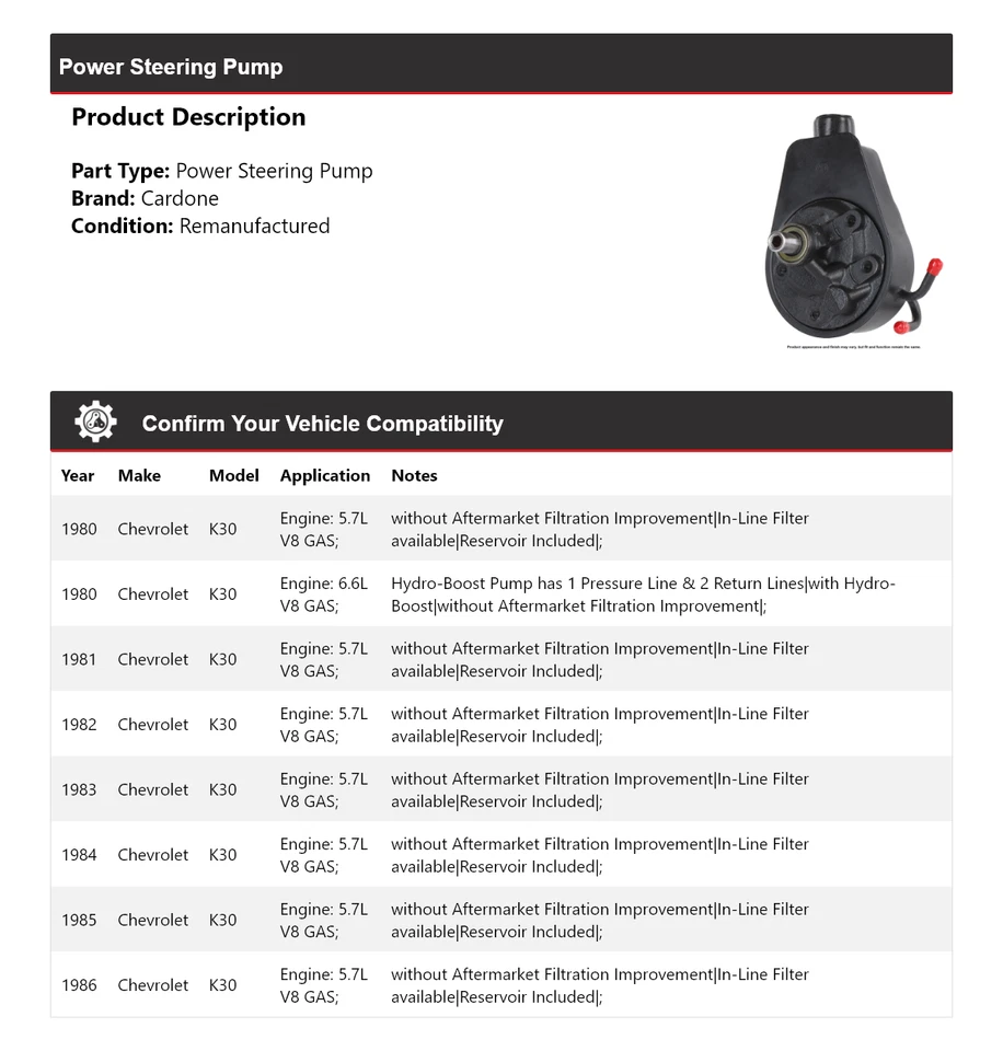For 1980-1986 Chevrolet K30 Power Steering Pump Cardone 1981 1982 1983 1984 1985 - Image 2 of 4