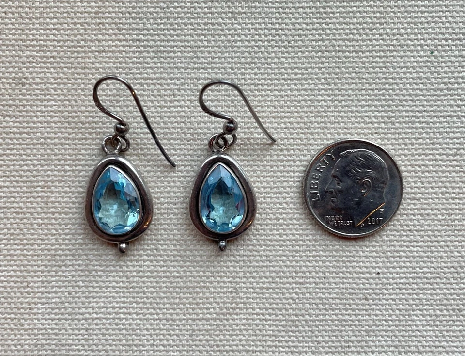 Modernist Dangle Earrings Teardrop Caviar Blue Topaz Artisan Sterling 1.25" - Image 4 of 4