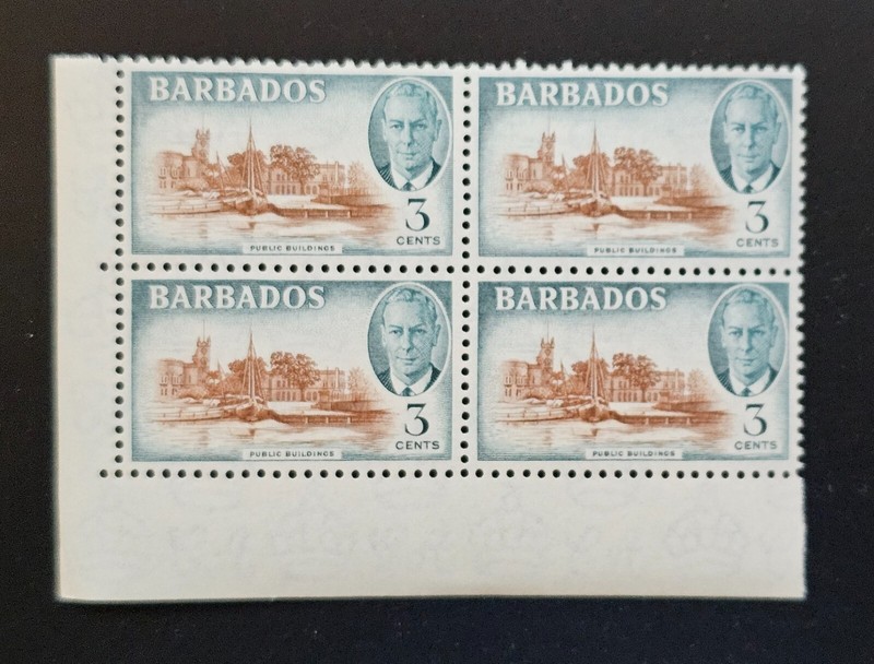 BARBADOS 1950 KGVI 3 Cents Scott 218. SG 273 Public Buildings MINT NH CORN BLOCK