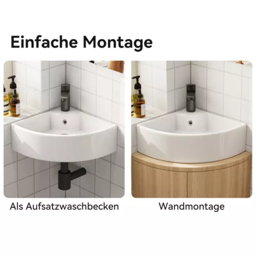 Eck Waschbecken Keramik mit Überlauf Hahnloch Waschtisch Keramikspülen 46x33x13c - Bild 5 von 11