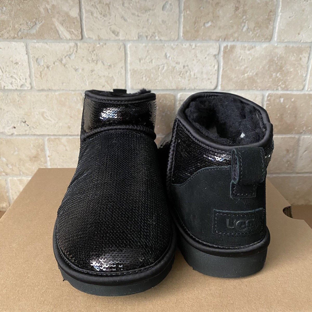 UGG CLASSIC ULTRA MINI MIRROR BALL BLACK SEQUIN SPARKLE ANKLE BOOT