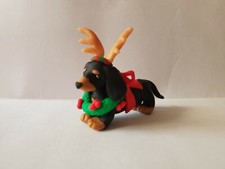 DACHSHUND Christmas Ornament w/WREATH and ANTLERS Black and Tan HAND MADE ooak