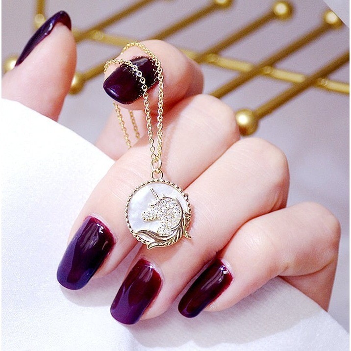 UNICORN PENDANT NECKLACE Chain Pearl 18k Gold Plated Pouch