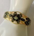 Vintage Gold Tone Open Work Black Blue Copper Cloisonne Floral Clamper Bracelet