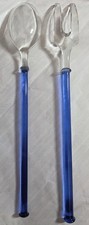 Vintage Set Of 2 Cobalt Blue Hand Blown Glass Spoon and Fork Serving Set 9" LONG
