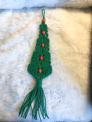 Vintage Macrame Christmas Tree Wall Hanging Boho 1970 s Green w/ Red Beads 21''