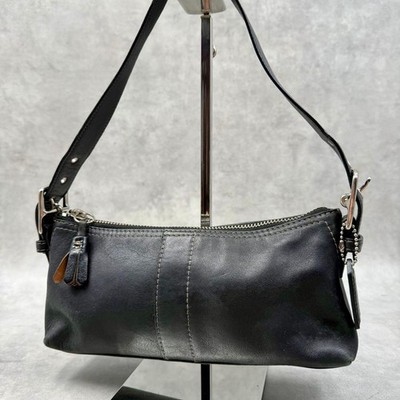 Coach Hampton Demi Baguette Schultertasche schwarz Signatur Leder klein authe...