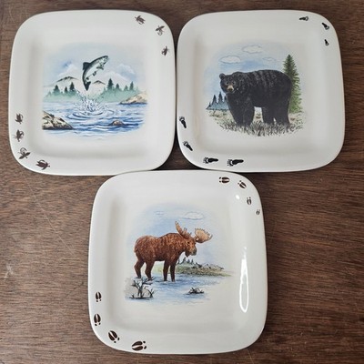 New Debco Wildlife Ceramic Square Plates Set of 3 Bear Moose Trout Lodge Decor