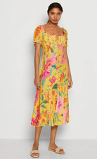 Farm Rio XS Macaw Bloom Yellow Womens Dress Print Short Sleeve Midi $235