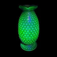 Kanawha Glass Green Hobnail Pineapple Fairy Lamp GLOWS Tealight 7.25 Inch
