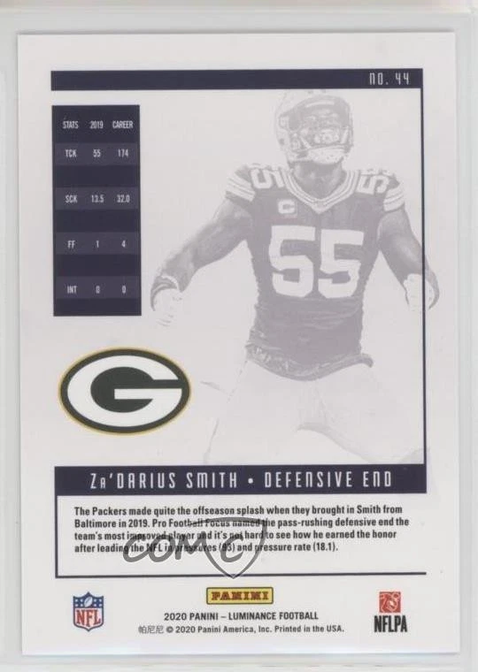 2020 Panini Luminance Green /75 Za'Darius Smith #44 - Image 2 of 2
