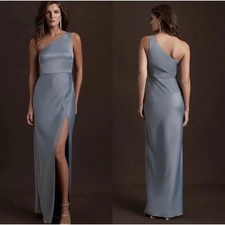BHLDN Dylan One-Shoulder Satin Side-Slit Gown Dusty Blue Size 14 Formal Dress