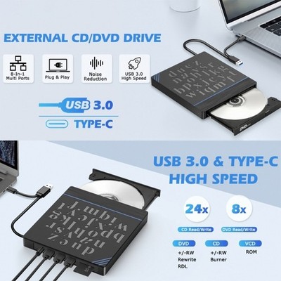 Slimly External disc Drive DVDs Burners Writer MultiFunction USB3.0 Type C Hubs