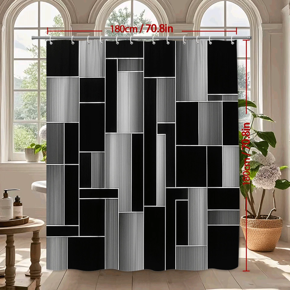 Cortina de Ducha Moderna Blanco y Negro, Elegante Diseño Estampado Foto 3 de 4