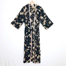 Oscar De La Renta, black floral satin trim kimono robe