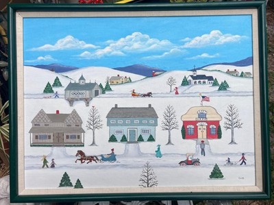 Vintage American Art Folk Artist Naive Winter Landscape Oil Painting Signed EVIE