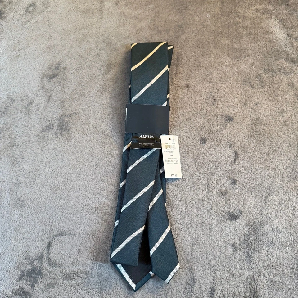 Gravata Alfani verde listra branca poliéster resistente a manchas Alfatech masculina nova com etiquetas - Imagem 4 de 4