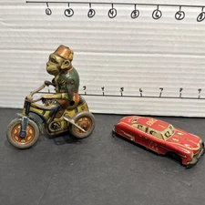VINTAGE TIN-WIND UP BIKE RIDING MONKEY & KEY GERMANY W/ Tin Fire Chief Car LOT