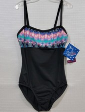 Motionwear leotard Black With MultiColored Pattern Chest Adjustable Straps Sz LC