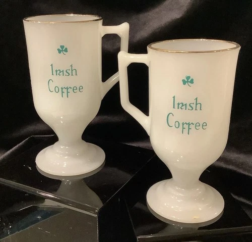 White&Green Milk Glass Vintage 5.75” Irish Coffee Cup EUC - Set of 3