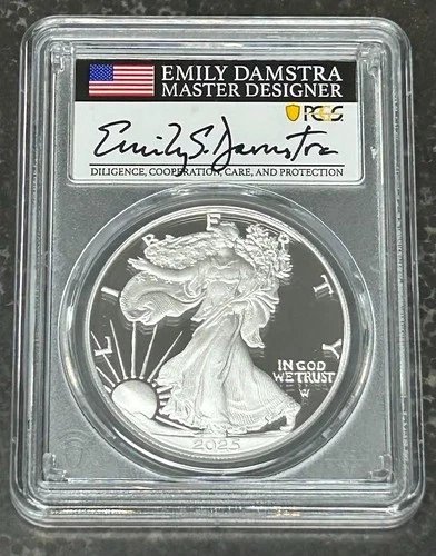 2025-S American Silver Eagle Proof PCGS PR70DCAM Advanced Release Damstra Signed