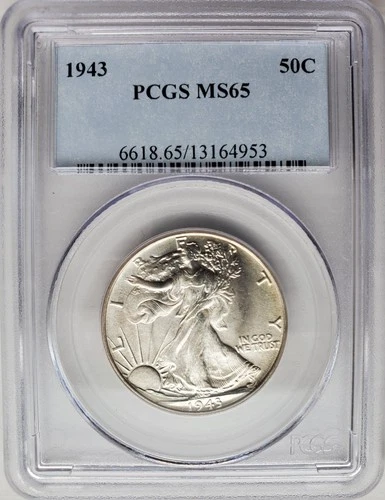 1943 LIBERTY WALKING SILVER HALF DOLLAR PCGS MS 65 UNC