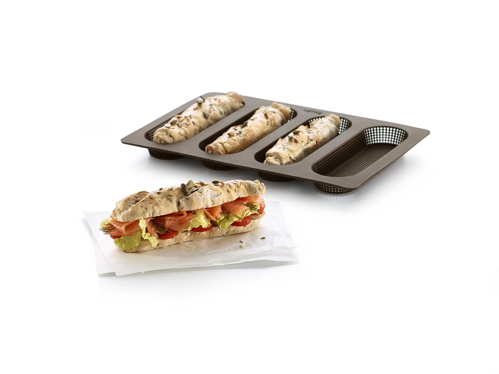 4 Cavity Micro Perforated Mini Baguette Baking Pan, Brown