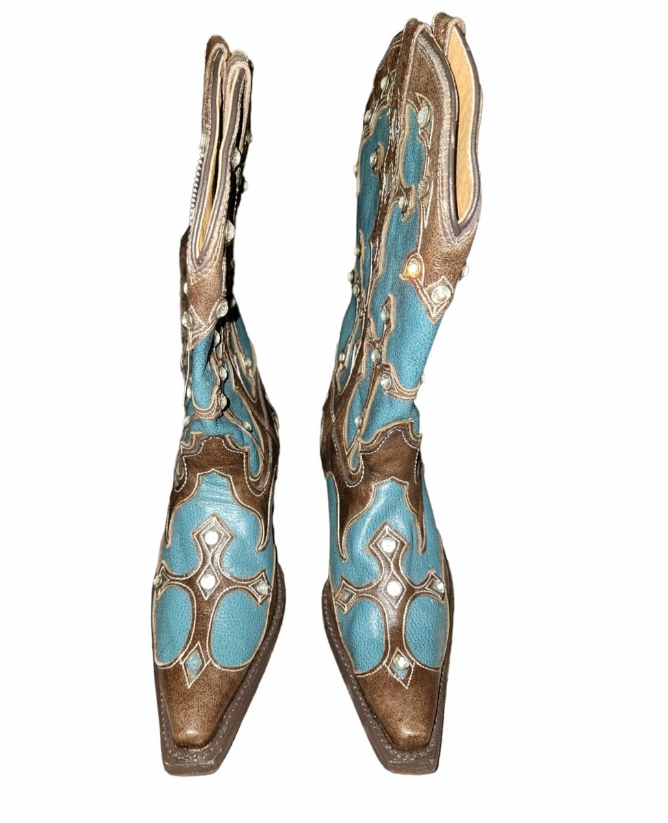 Bottes De Cowboy El General Femme – Teal Et Marron, Strass, Bout Carré, Taille 6