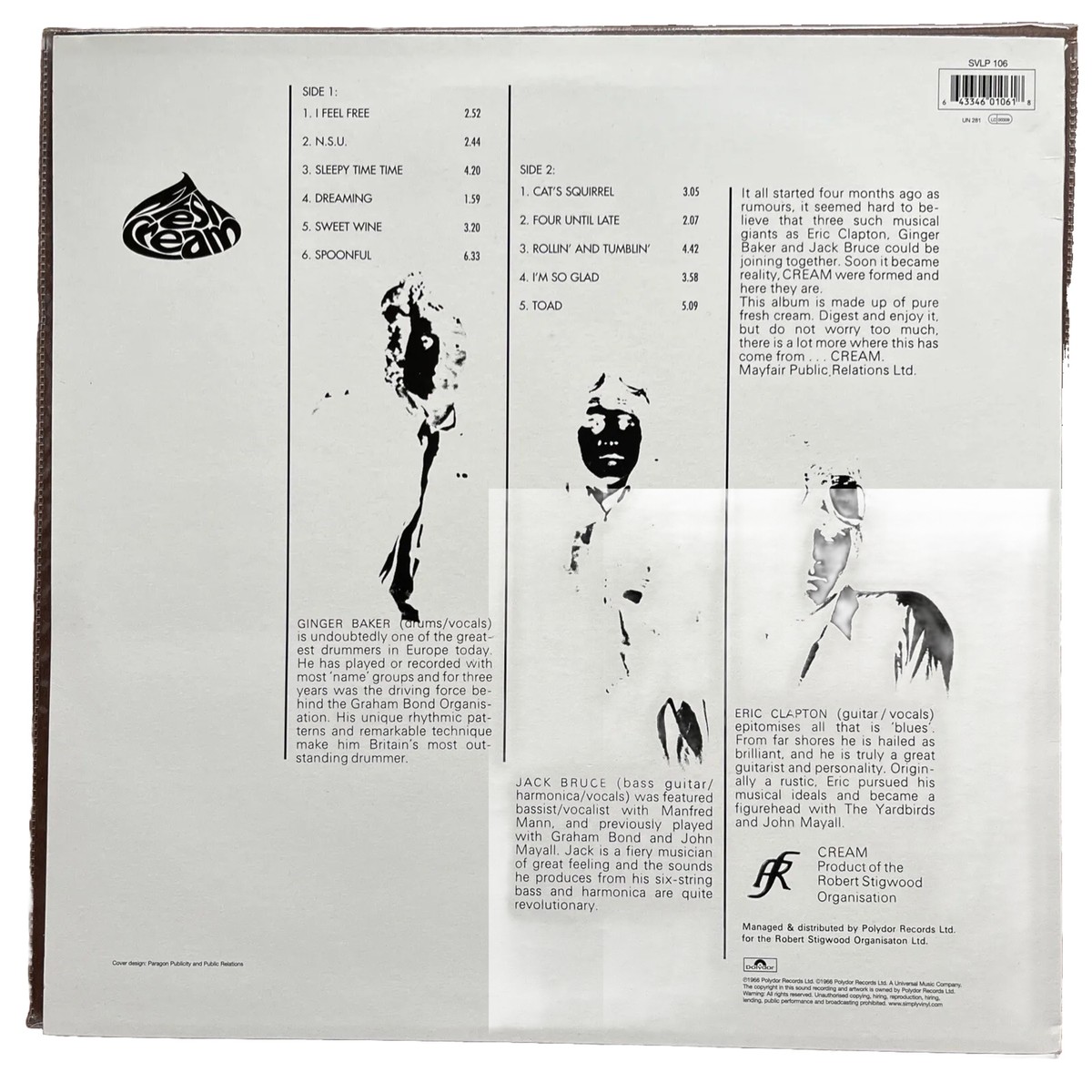 米LP Cream Fresh Cream (180g) 5354842 Polydor /00260 Cream Fresh Cream 180gm Vinyl LP Album Record UK SVLP106