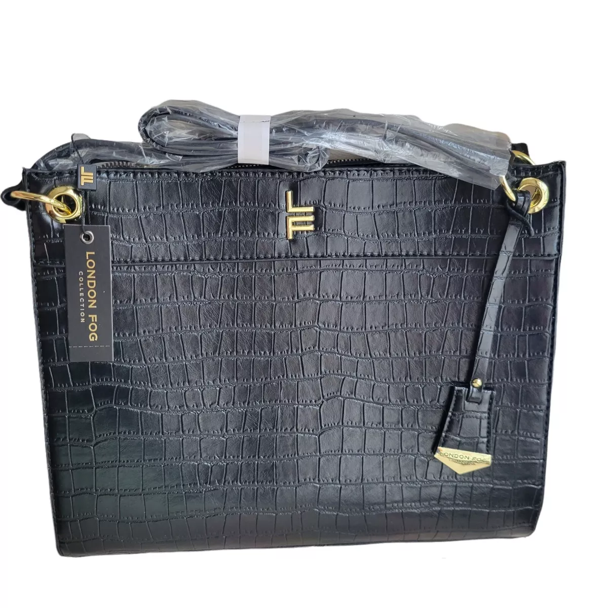 London Fog Large Black Bag Brielle Croco Satchel NWT