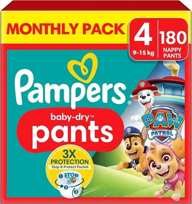 Pampers Baby-Dry Nappy Pants Paw Patrol Edition Size 4, 180 Nappies, 9-15kg