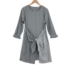 Pleione Shirt Dress Womens Small Gray White Striped Long Casual Sleeve Tie Front