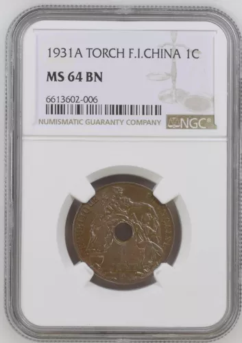 French Indo-China 1 Cent 1931 Torch, NGC MS64 BN