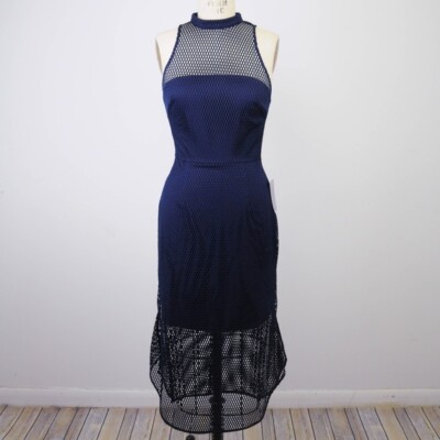 NEW $180 Cooper St Azure Midi Dress Sz Blue Mesh High Neck Shirttail Hem  W03