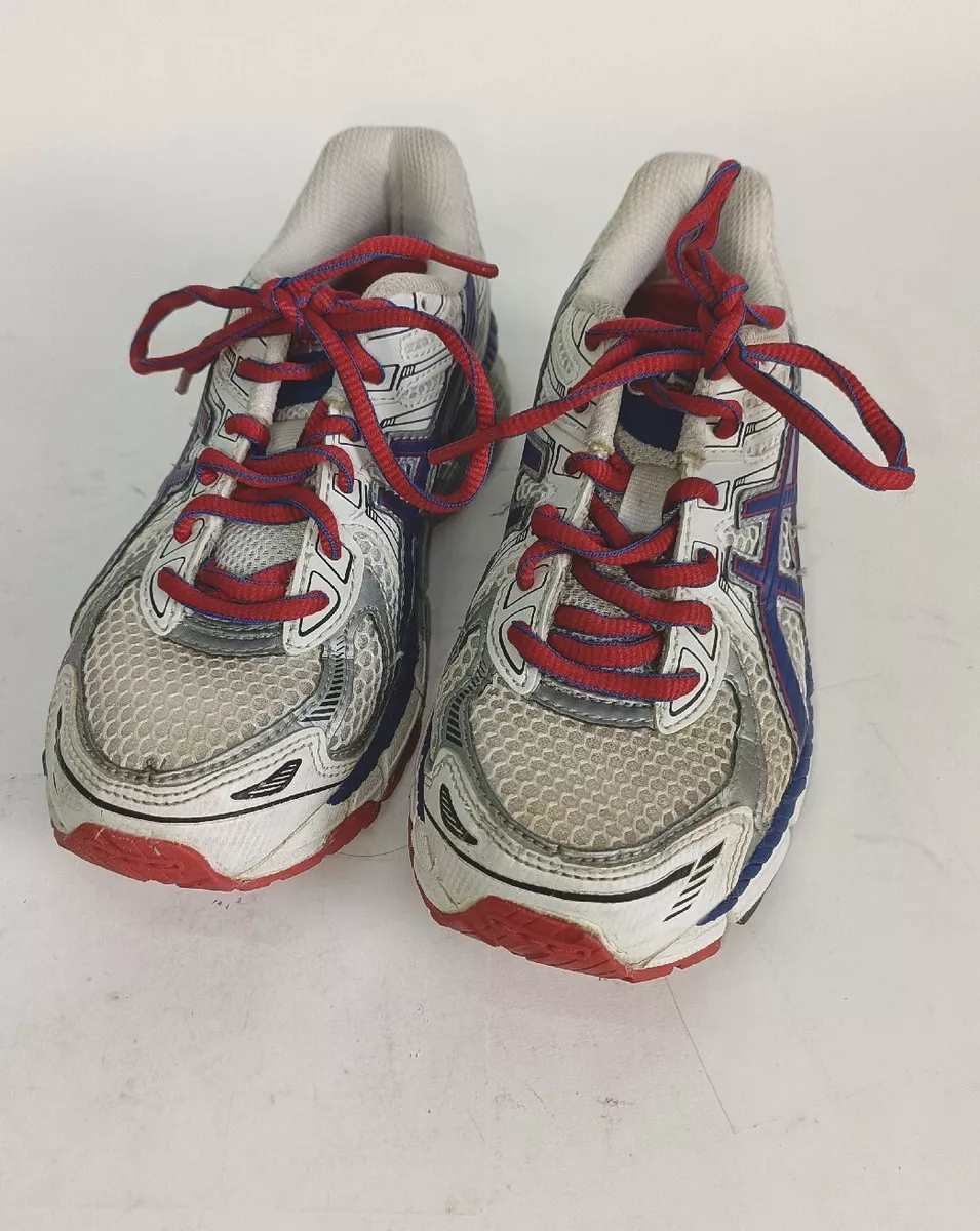 Asics red white and cheap blue running shoes