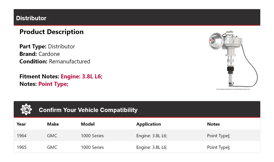 Tarjeta de distribuidor para GMC serie 1000 1964-1965 3,8 L L6 Foto 2 de 4