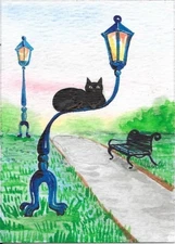 5x7 PRINT OF PAINTING RYTA ART BLACK CAT PARK SPRING LANDSCAPE SUMMER folk 🌺