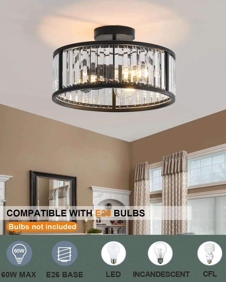 Lámpara de techo negra de montaje empotrado, araña de cristal enjaulada de 2 luces, tambor pequeño H Foto 2 de 4