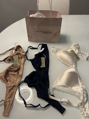 Intimissimi Italian Silk  Bras 34B Lace Accents Beige Navy White New Tags 3for1