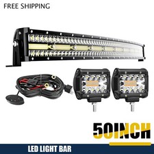 50" Curved Triple Row 288W LED Light Bar 2X 4" 60W Pods w/Harness for Trucks