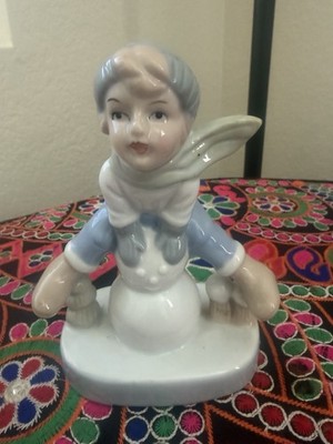 VintageChristmas Children playing in snow figurines Ladro Little Boy And Snowman