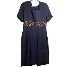Vintage 90s USA Made Rainbow Embroidery Navy Blue Sheath Midi Dress LARGE/10