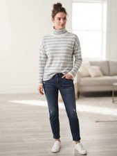 LOFT Gray White Striped Turtleneck Sweater Women S Ribbed Pullover Cozy Cabin
