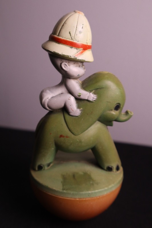 Vintage 1975 Roettiger Roly Poly Toy Baby Riding Elephant Safari Weeble Hong Kon